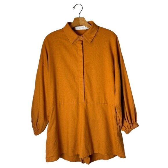 Whyte Valentyne Orange Terracotta Linen‎ Blend Long Balloon Sleeve Romper Size 2 - Picture 1 of 11
